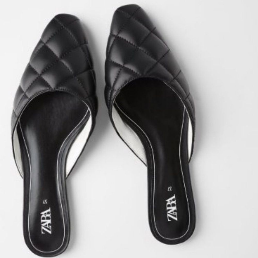 NWT Zara Black Faux Leather Quilted Mules
